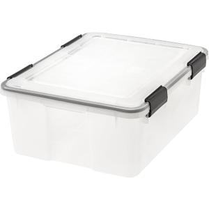 IRIS USA 30 Quart WEATHERPRO Plastic Storage Box with Durable Lid and Seal and Secure Latching Buckles, Clear with Black Buckles, 1 Pack (30 Qt - Single)