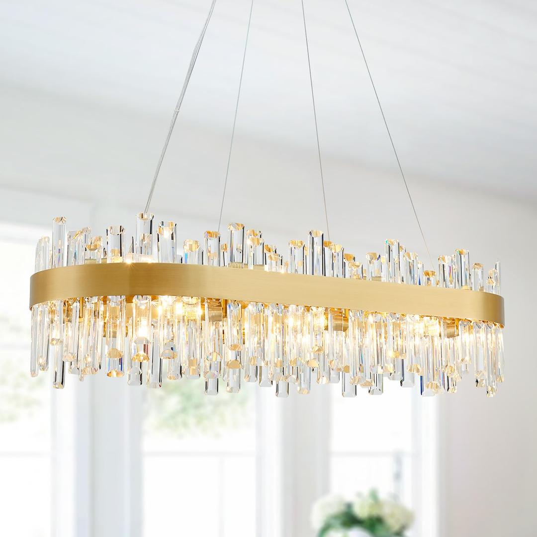 WUZUPS 16-Light Crystal Oval Oval Chandelier Pendant Ceiling Light Modern Lighting Fixture Dangling Rod Design for Bedroom Hallway Bar Kitchen Bathroom, H 9.6" L 35.4" W15.1, E12 Base, Gold