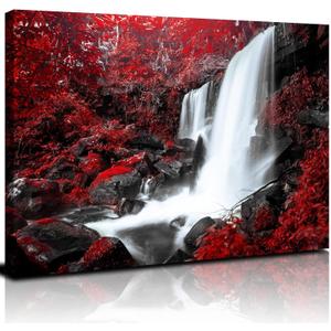 Nature Forest Wall Art Mountain Waterfall Landscape Picture for Bathroom Decor Red and Black Canvas Painting Red Tree Waterfall Poster Modern Scenic Artwork Living Room Bedroom Home Decorations 20x30" (30L" x 20W")
