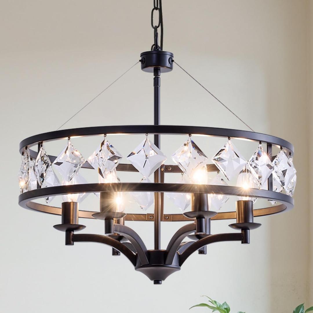 Modern 19.88in Crystal Chandelier,6-Light Large Black Pendant Light | 59" Adjustable Hanging Chain, Round Industrial Chandelier for Dining Room, Kitchen Island, Entryway