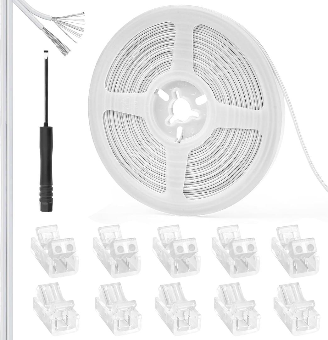 10Pcs 2 Pin 8mm LED Connectors and 32.8FT 2pin 22AWG Extension Cable Strip to Wire Solderless LED Strip Tape Lights Connectors for 3528 2835 Waterproof or Non-Waterproof Single Color LED Strip Lights