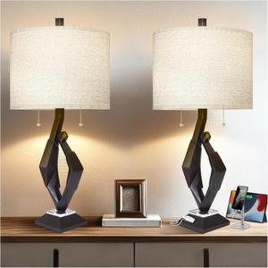 Scenekoy Sculptural Resin Table Lamp Set of 2 with USB Ports for Bedroom Living Room, 26 Black-Brown Dual Pull Chains Bedside Lamps, Nightstand Lamp for Home Room Decor (Bulbs Included)