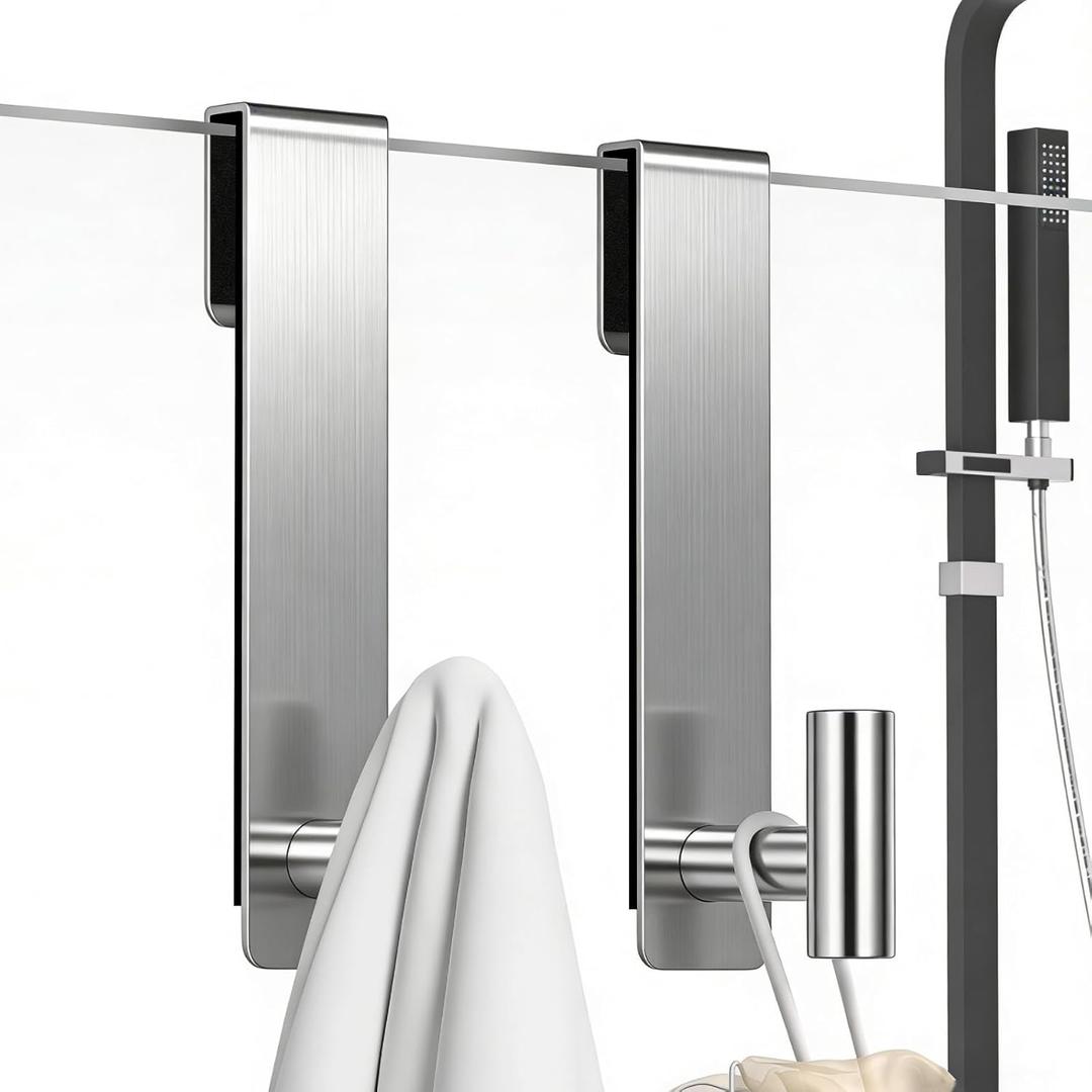 PMMASTO Shower Door Hooks, (7.5 Inch) Extended Towel Hooks for Bathroom Frameless Glass Shower Door, Stainless Steel Heavy Duty Hooks (Silver, T Shape-Fits 3/8" Thick Door)