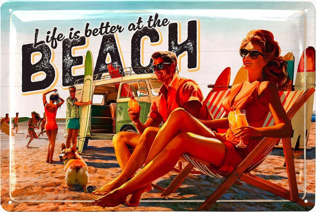 LANOLU Vintage Tin Sign LIFE IS BETTER AT THE BEACH metal pool signs Vintage Beach Decor, Beach Signs Wall Decor, Outdoor Pool Signs, Beachy Bathroom Decor, Pool Deck Decorations Outdoor, 8x12"