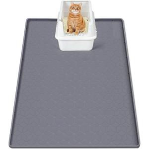 SORKUT Cat Litter Mat 34x22 Inch, Large Silicone Litter Box Mat for Floor Protection, Waterproof & Non-Slip, Soft for Cat Paws, Easy to Clean, Leak-Proof Edge, Gray