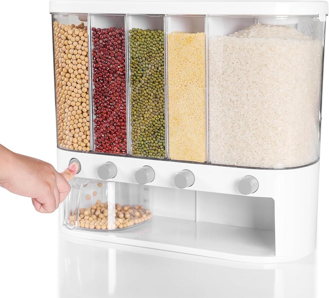 Wall Mounted Dry Food Dispenser with Individual Containers and Removable Walls for Rice, Beans, small grains, Lentils for Pantry and Kitchen Storage with Measuring Cup  5 Grids