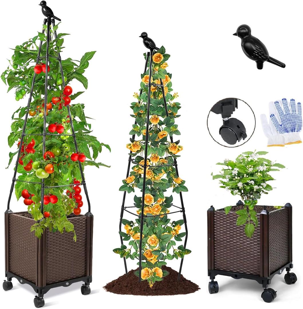MQFORU Tomato Planter Boxes with Trellis, 59" Self-Watering Tomato Planter with Wheels for Climbing Vegetable and Plants, Tomato Cages for Indoor Outdoor Patio Greenhouse Gardening