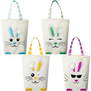 Weewooday 4 Pcs Easter Canvas Bunny Bags Reusable Tote with Handles Spring Candy Gift Baskets for Kids Boys Girls Egg Hunt