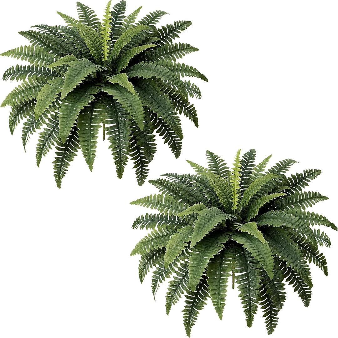 Fake Ferns - Set of 2 Faux Boston Ferns Large Artificial Plants, 40 Leaves per Bouquet, 35 Inches Large Artificial Ferns for Outdoors/Indoor Home, Office, Garden Decoration