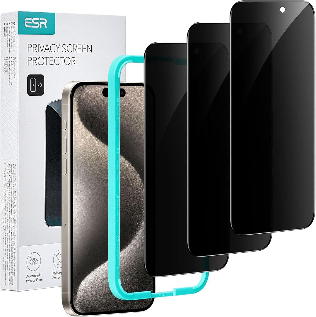 ESR 3 Pack for iPhone 15 Pro Privacy Screen Protector, Anti-spy Tempered-Glass Privacy Screen Protector, Micro-curved Edges, Case Friendly (Privacy 3 Pack)