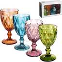 4 Pack Vintage Glasses, Plastic Reusable 12 Ounce Colored Water Goblets, Unique Embossed Pattern Unbreakable Stemmed Glasses, High Clear Wedding Party Bar Drinking Cups Black