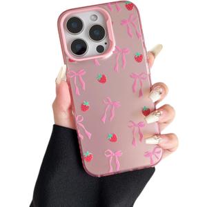 ZTOFERA for iPhone 14 Pro Case,Cute Pink Ribbon Bow Tie Planet Star Floral Aesthetic Phone Case,Trendy Slim Hard IMD Shockproof Protective Bumper Phone Cover for Women Girls,Strawberry