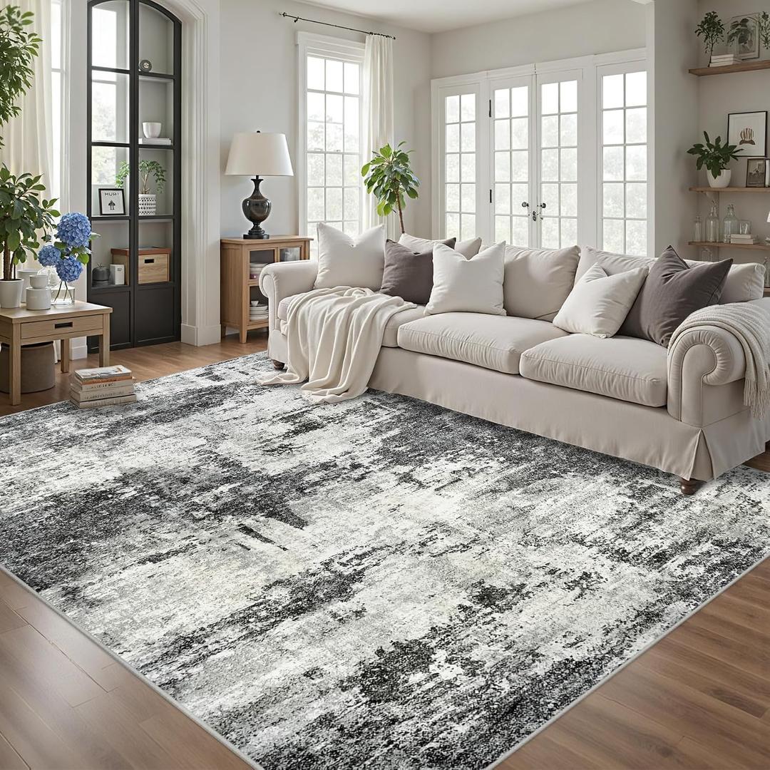 8x10 Area Rugs for Living Room: Abstract Washable Rug with Anti-Slip Backing Non-Shedding Stain-Resistant Soft Modern Large Carpet for Bedroom Dining Room Farmhouse Nursery Home Office Black