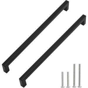 Matte Black Square Drawer Pulls, 2 Pack 12-3/5 Inch Stainless Steel Kitchen Cupboard Handles, 320mm Hole Centers