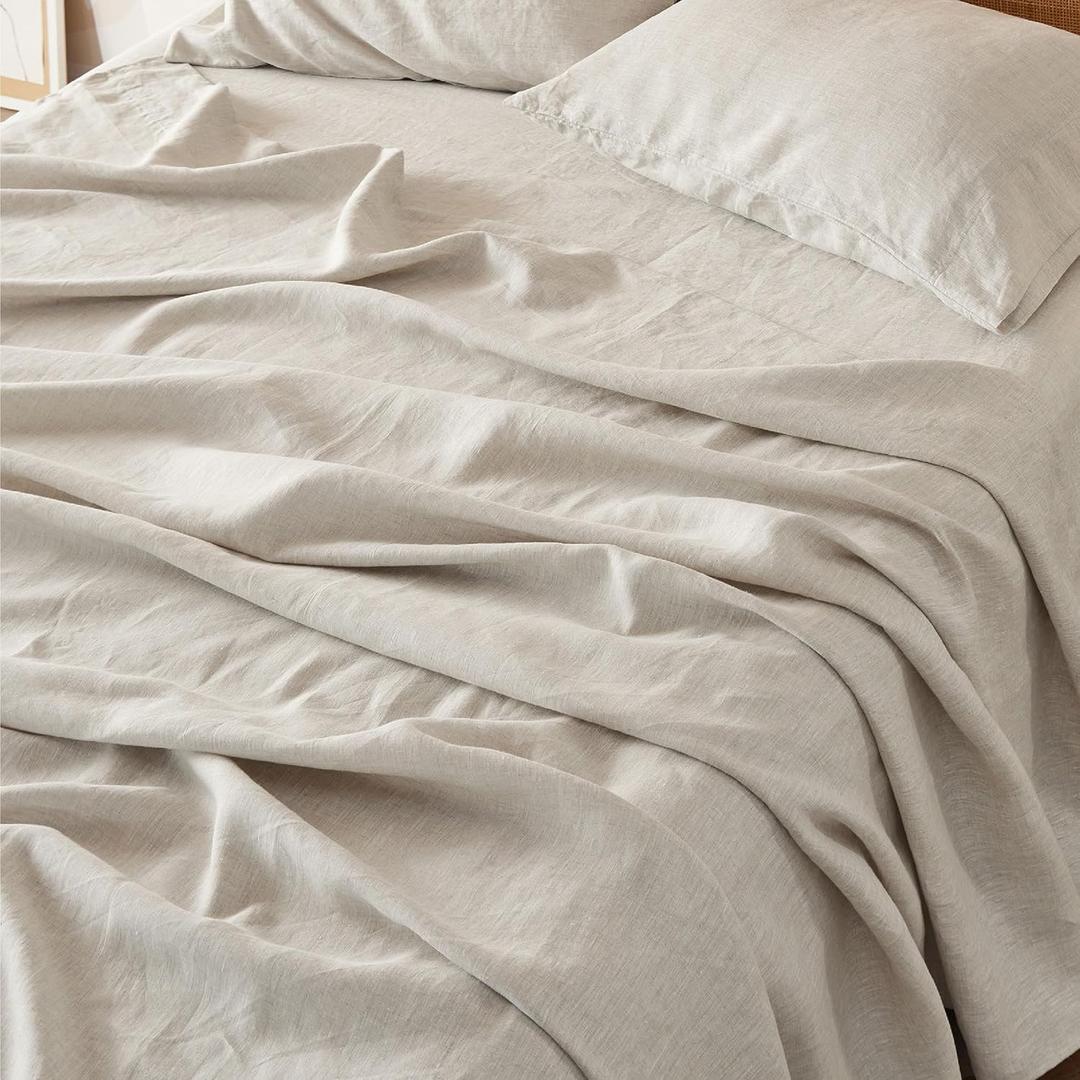 Bedsure Queen Bed Sheets - Cotton Linen Sheet Set, PureWoven Soft, Breathable & Anti - Pilling, Deep Pocket Queen Fitted Bedsheets Up to 16 Inches, 4 Pieces, Linen