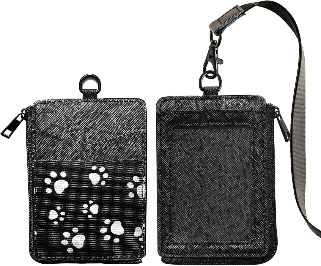 2-in-1 ID Badge Holder & Elastic Card Holder Wallet,Minimalist Men & Women Zip Card Holder Wallet with Neck Lanyard,3 Card Slots and 1 Side Zipper Pocket (Black-paw)