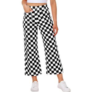 Women Checkered Cropped Jeans Straight Leg Stretchy Denim Pants with Pockets (XX-Large, Black White)