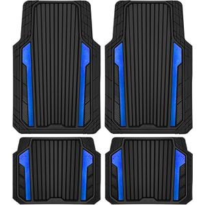 CAR PASS Heavy Duty Rubber Car Mats Metallic,Aluminum Film All Weather Floor Mats Waterproof Universal Trim to Fit Automotive SUV Sedan Van 4 Piece Anodized Deep Dish Two-Tone Sporty Black Blue Chrome