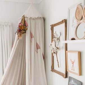 MAMERIA Kids Bed Canopy with Frills Cotton Hanging Tent Curtain Net for Reading Nook Hideaway Bedding Play Room Decor (Beige)