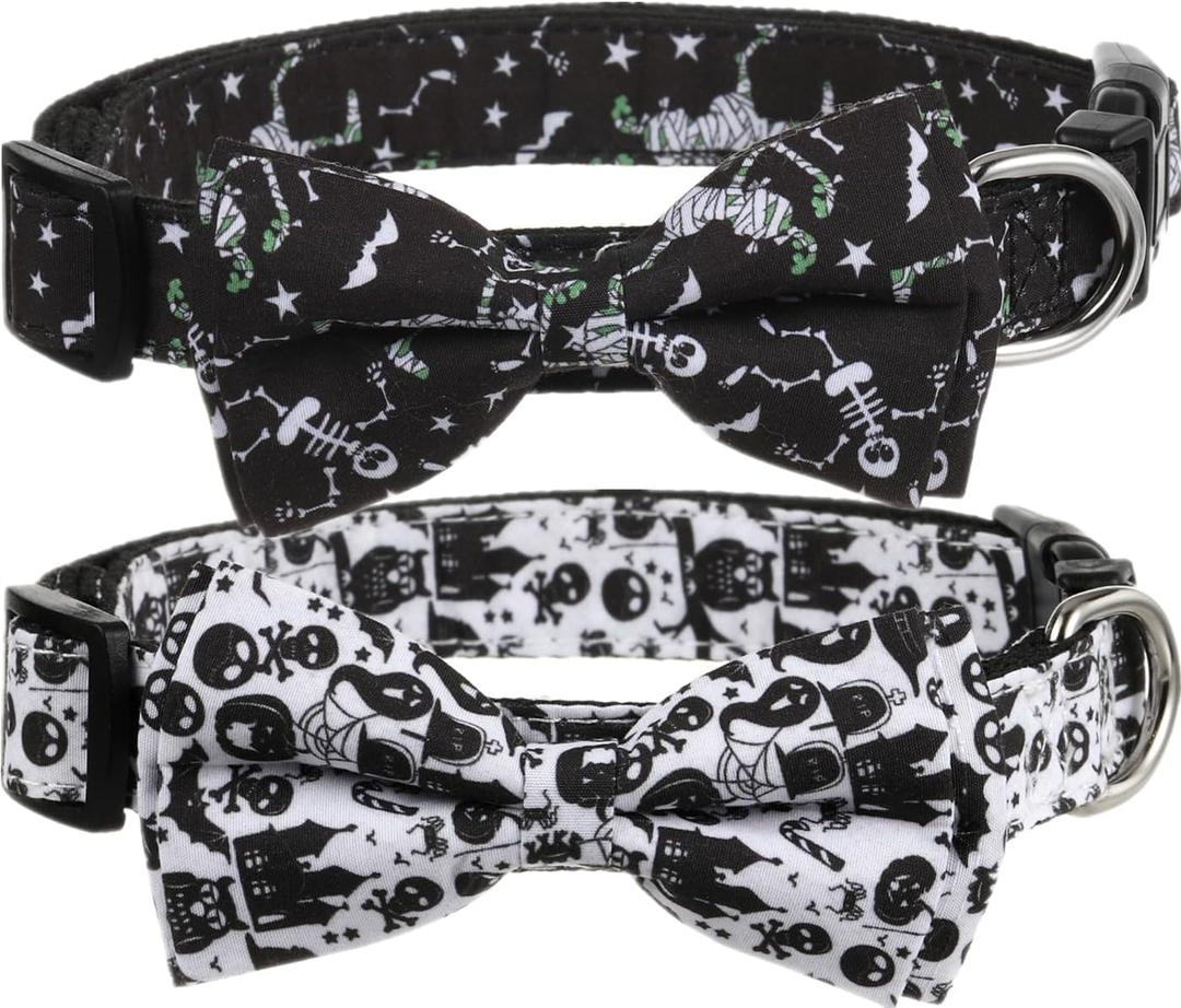 Halloween Dog Bow Tie Collar 2 Pack, Quick Release Spooky Collar for Large Size Dogs