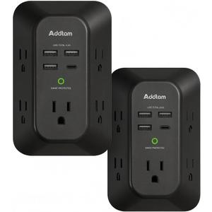 Addtam 5-Outlet Extender Surge Protector, Multi Plug Wall Outlet with 4 USB Wall Charger, Plug Extension Outlet 1800J, Outlet Splitter Power Strip for Home Office Dorm Room Essentials, Black, 2 Pack