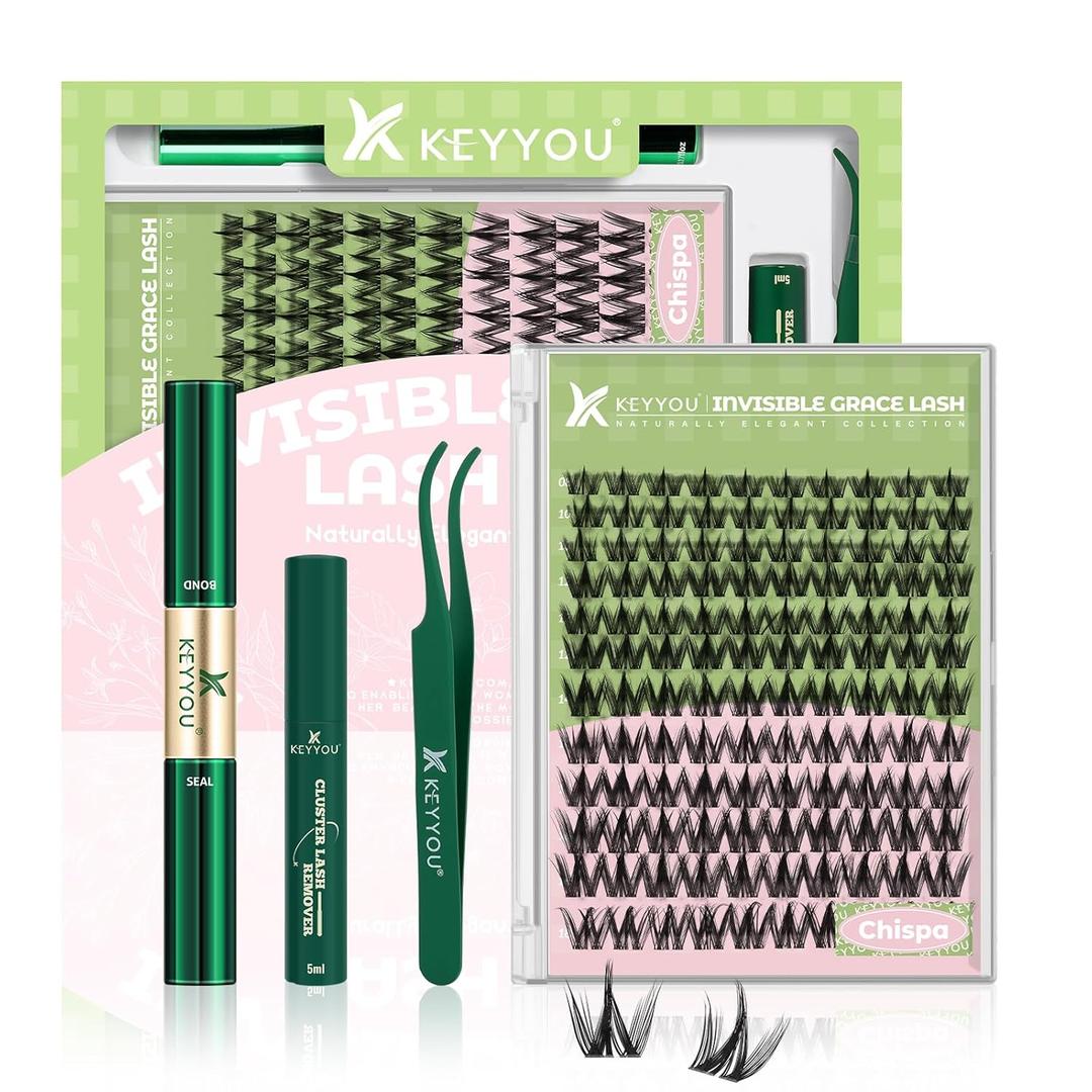 KEYYOU Fairy Chispa Lash Clusters Kit Lash Extension Kit D Curl 120Pcs Eyelash Extension Kit Wispy Natural Invisible Band Lash Kit with Waterproof DIY Lash Kit at Home(Fairy ChispaD818MIX)