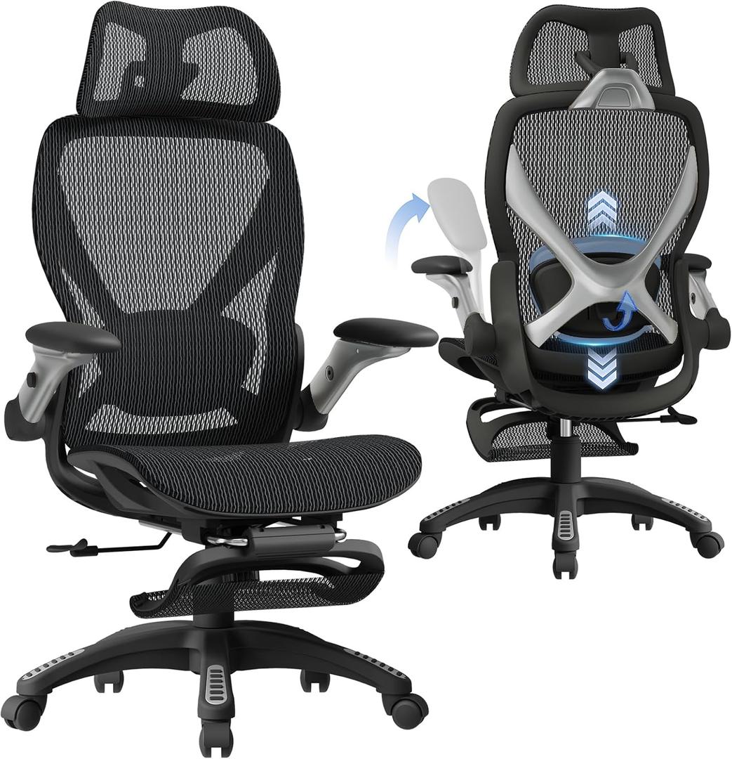 ELABEST X100 Ergonomic Mesh Office Chair with Footrest, Big and Tall Hone Desk Chair with 5D Flip-Up Arms, Adjustable 3D Lumbar Support,Gaming & Executive Computer Chairs, Midnight Mist