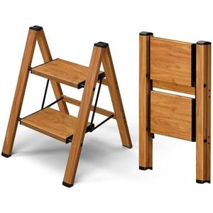 Taranta 2 Step Ladder, Aluminum Lightweight Folding 2 Step Stool with Anti-Slip Wide Pedal, 330lbs Capacity Step Ladder for Household, Kitchen, Office - Woodgrain