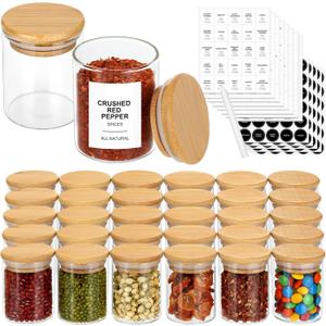 4OZ Glass Spice Jars with Bamboo Lids and 315 Labels, 32 Pcs Clear Food Storage Containers for Kitchen Sugar Salt Coffee Tea Beans