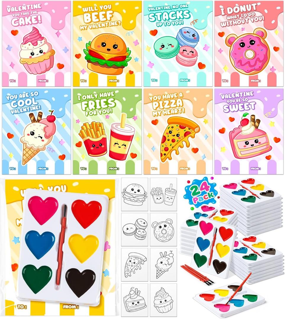 Valentines Day Cards for Kids School - 24 Packs Heart Watercolor Paint Sets with Dessert Food Cards, Valentines Day Gifts for Kids Classroom Prize Exchange, Valentine Art Party Favors for Boys Girls