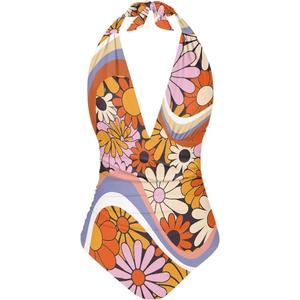 One Piece Bathing Suit for Women Custom Tummy Control Bathing Suits Trendy Summer Beach Wear, 70s Hippie Daisy Swirl,  Small