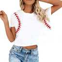 Womens Baseball Crop Tops Cute Game Day T-Shirts Beach Vacation Shirt Casual Summer Short Sleeve Workout Tops (White, L)