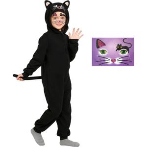 Kids Animal Onesie Boys Girls Black Cat Costume Cheetah Blue Monster Halloween Christmas Kids Cosplay Costume, Black, 12-14Years