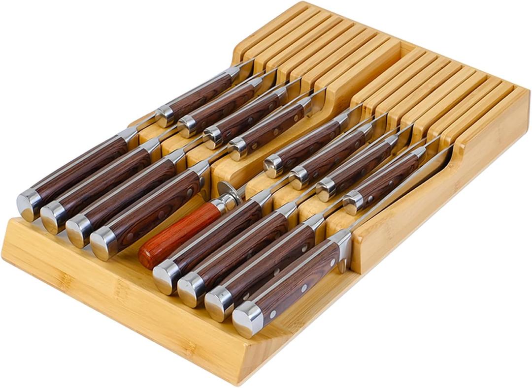 Bamboo Kitchen Drawer Knife Holder, In-drawer Knife Block, Knife Drawer Organizer fit for 16 knives and 1 steel sharpening