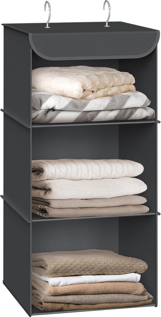 Simple Houseware 3-Shelf Hanging Closet Organizer, Fabric Storage Shelves with 57L Capacity, Dark Gray