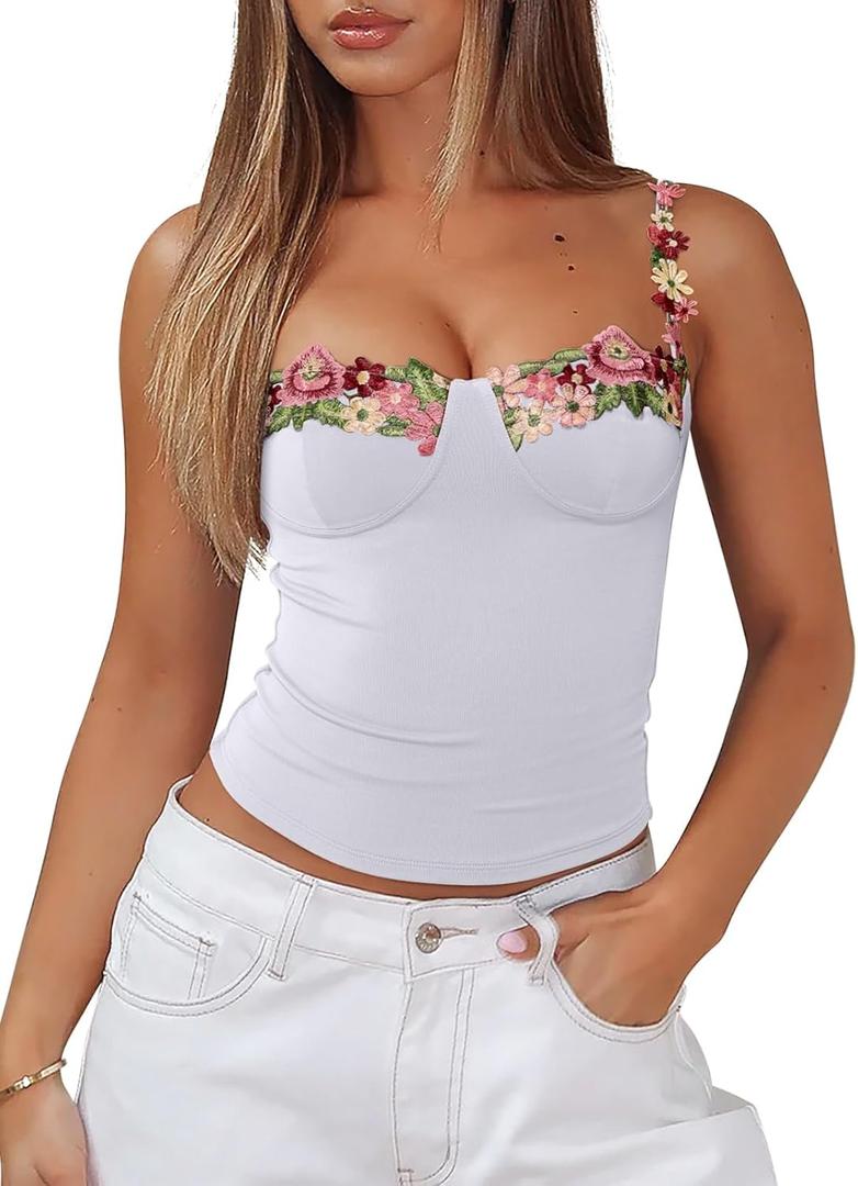 PINKMSTYLE Womens Floral Embroidered Corset Top Bustier Tank Top with Adjustable Straps Date Night Party Going Out Top (White, L)