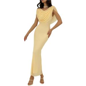 GORGLITTER Women's Ruched Mesh Bodycon Maxi Dresses Draped Front Cowl Neck Wedding Guest Cocktail Long Dress (Medium, Yellow)