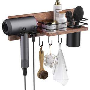 Wooden Hair Dryer Holder Wall Mounted, Bathroom Hair Tool Organizer, Blow Dryer Holder Shelf, Curling Iron and Hair Styling Tools Organizer
