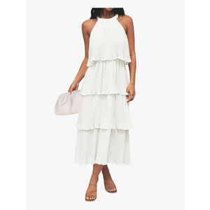 ZESICA Women's 2025 Summer Sleeveless Halter Neck Ruffle Tiered Layed Chiffon Flowy Swing Long Midi Dress.Size Medium