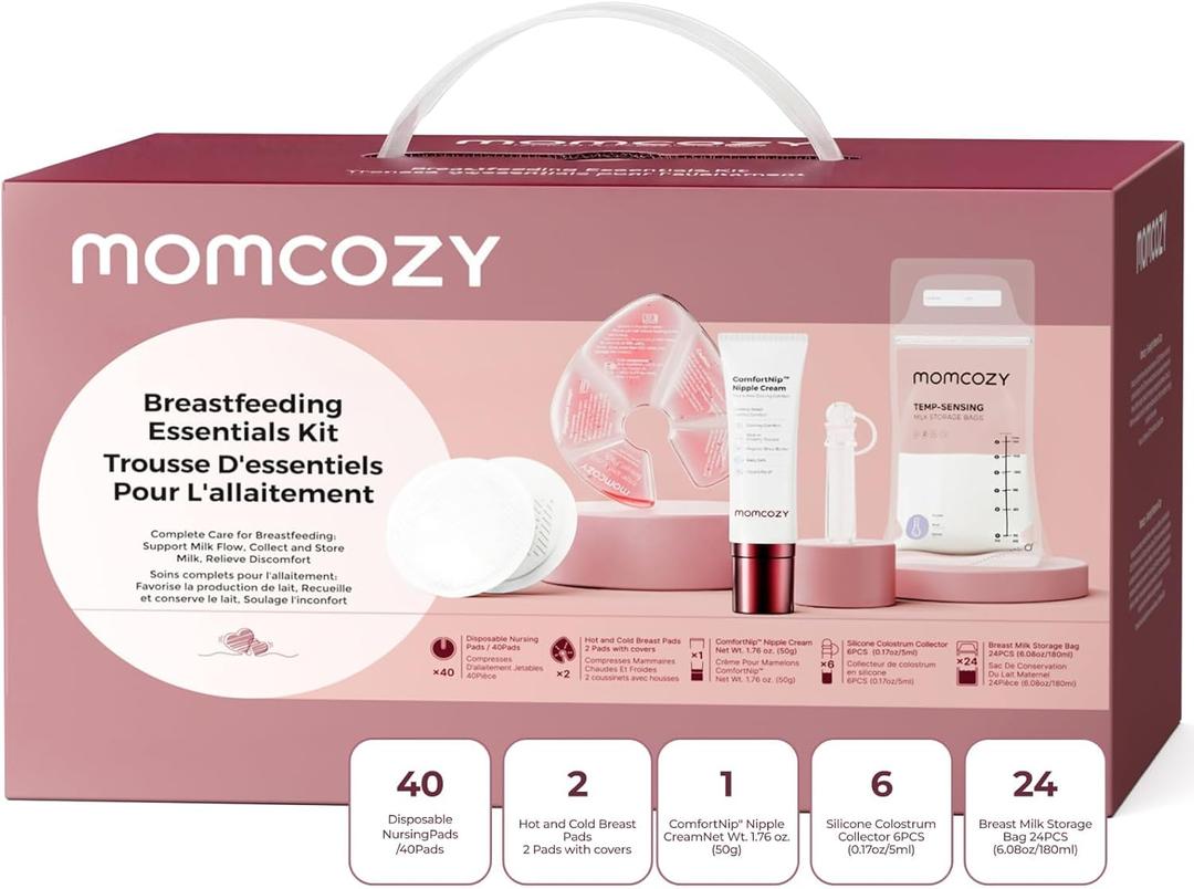 Momcozy 73pc Postpartum Essentials Kit, Initiate breastfeeding for New Moms, Hospital Bag Must Haves with Nursing Pads, Hot & Cold Breast Pads, Nipple Cream, Colostrum Collectors and Milk Storage Bags