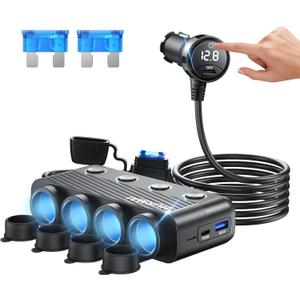 Cigarette Lighter Splitter Adapter, 216W 4 Socket Car Heavy Duty Truck Cigarette Lighter Plug Multi Port with PD30W/QC3.0 Charge USB C 12V/24V Car Plug Outlet Splitter with Independent Switches