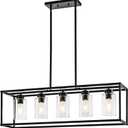 5 Light Dining Room Light Fixture Matte Black Farmhouse Chandelier Over Table Rectangular Kitchen Pendant Lighting Rectangle Modern Industrial Living Room Hanging Lights Adjustable Height