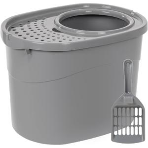 Amazon Basics Large Cat Litter Box with High Sides, Top Entry, Odor Control, Includes Scoop, 20.5 x 14.75 x 14.38 inches, Grey