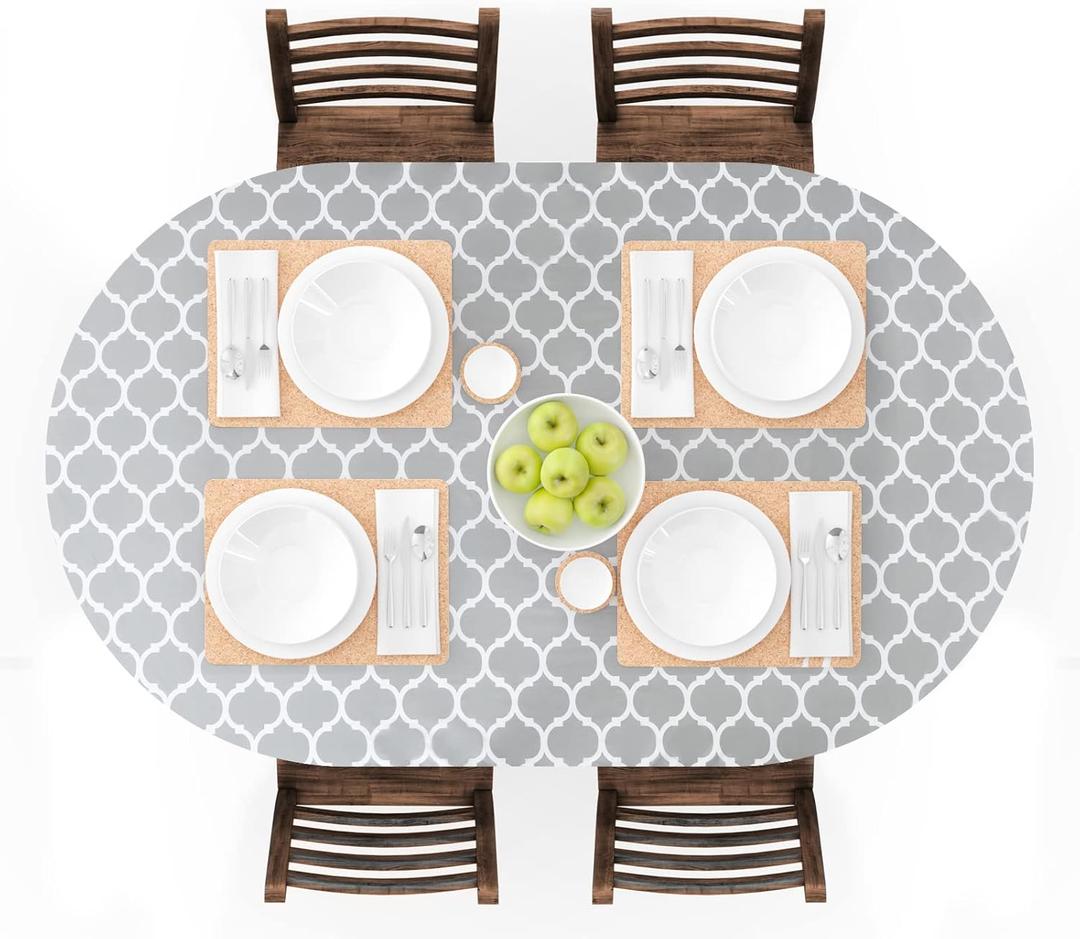UMINEUX Oval Fitted Vinyl Tablecloth with Elastic Edged & Flannel Backing, Waterproof Wipeable Oval Table Cover - Fits Tables up to 42"X68" (Gray Moroccan)