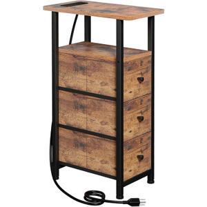 Narrow End Table Living Room with Charging Station, Skinny Side Table with Fabric Drawers, Slim Nightstand for Bedroom, Small Spaces, Couch, Rustic Brown, HETNDP03PBR-1