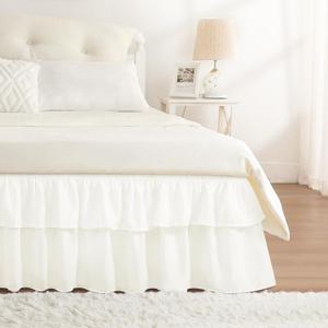 RIMELA Full Size Ruffle Bed Skirt 16 Inch Drop - Cream White Double Layered Wrap Around Dust Ruffle, Romantic Cute Design Bedskirt with High-Density Fabric, Soft Stretchy, Easy Install for Full Bed