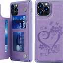 iCoverCase Compatible with iPhone 12/12 Pro Wallet Phone Case with Card Holder for Women, RFID Blocking Embossed PU Leather Wrist Strap Case (Heart Purple)