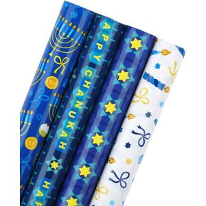 WRAPAHOLIC 30 Inch Hanukkah Wrapping Paper Roll - Jumbo Roll Menorahs, the Star of David, Candles Design for Chanukah Celebration - 4 Rolls - 30 Inch x 120 Inch Per Roll