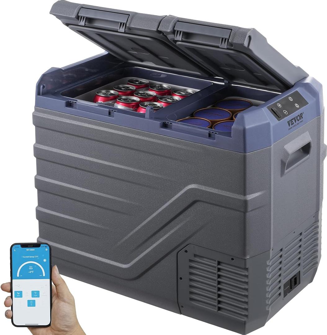 VEVOR NLS45, 12 Volt Car Refrigerator Fridge, 32 L Dual Zone Portable Freezer, -4℉-68℉ Adjustable Range, 12/24V DC and 100-240V AC Compressor Cooler for Outdoor, Camping, RV, Bule and grey