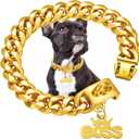 15mm Wide Gold Dog Chain Collar with Pendant Tag,18K Gold Plated Stainless Steel Walking Metal Cuban Link Chains Collars Strong Chew Proof for Small Medium Dogs(20inch)